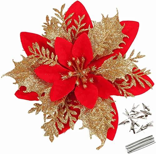 GREENTIME 12 Pcs Glitter Poinsettia 5.5" Artificial Flowers Christmas with Clips Stems Xmas Tree Ornaments for New Year Party Stairs Fireplace Porch Balcony Garden Church Wreath Decoration (Red Gold)