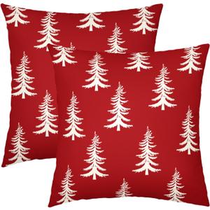 Christmas Tree Red Pillow Covers Set of 2 Xmas Trees Geometric Square Throw Pillows For Couch Winter Holiday Pillow Cases Rustic Farmhouse Christmas Decor For Home Sofa Porch Bed Outdoor 18x18 Inch