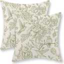 Sage Green Pillow Covers 18x18 Set of 2 Light Green Chinoiserie Bird Floral Throw Pillows Outdoor Decor Vintage Hummingbird Flower Pillow Cases Linen Decorative Cushion Cover for Couch Sofa