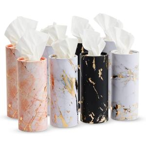 Zodaca 8-Pack Car Tissues Cylinder Boxes - Round Travel Wipes for Car Cup Holder (50 Tissues Per Container, Marble Design)