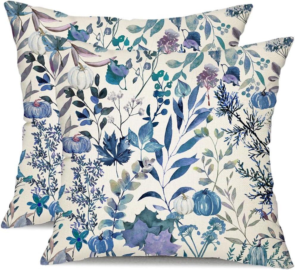 DFXSZ Fall Pillow Covers 18x18 inch Set of 2 Fall Decoration Blue Pumpkin Maple Leaf Decor Autumn Outdoor Pillow Cover Thanksgiving Decoration for Home Couch TH146B18