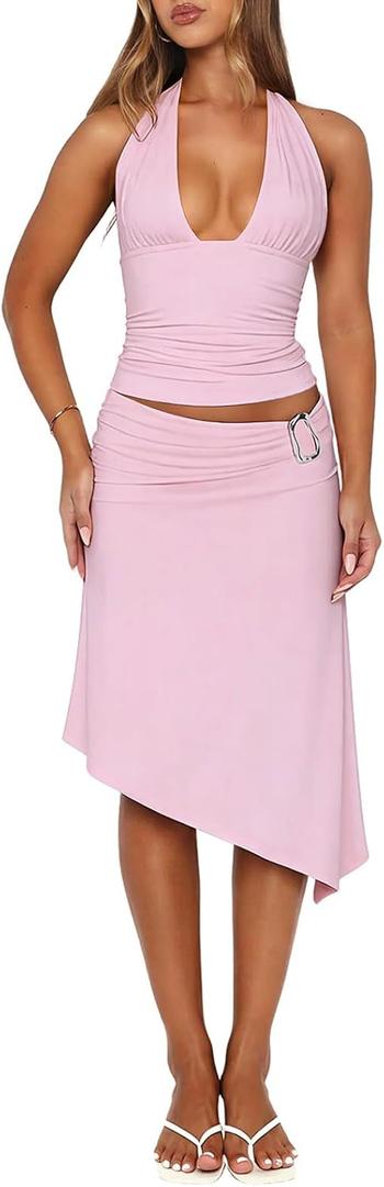 Goafuliy Women's 2 Piece Sets Deep V Neck Halter Top Asymmetrical Midi Skirt Set Summer Going Out Outfits (Pink, L)