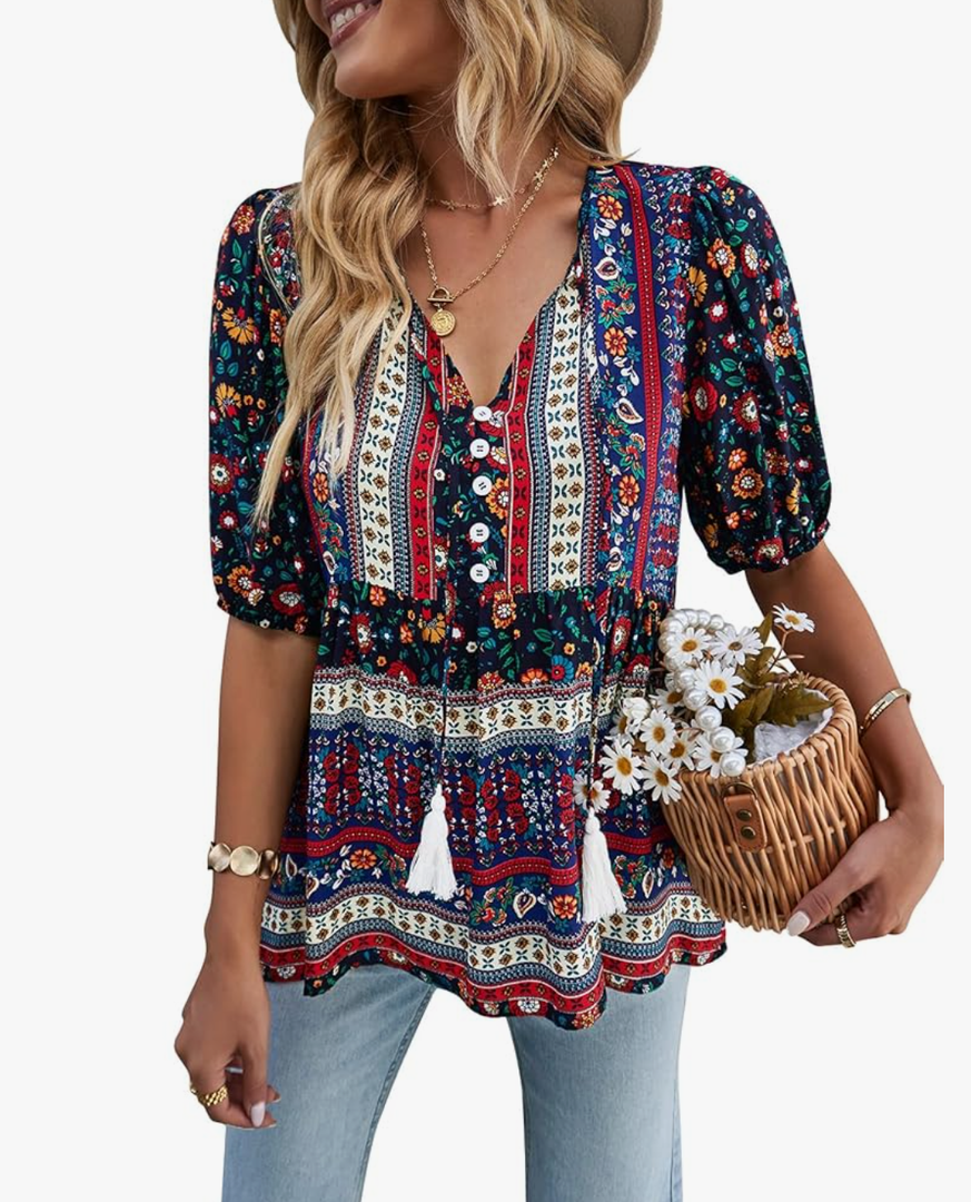 KAYWIDE Women's Casual Boho V Neck Top Loose Floral Printed Long Sleeve Beach Shirts Blouses XL