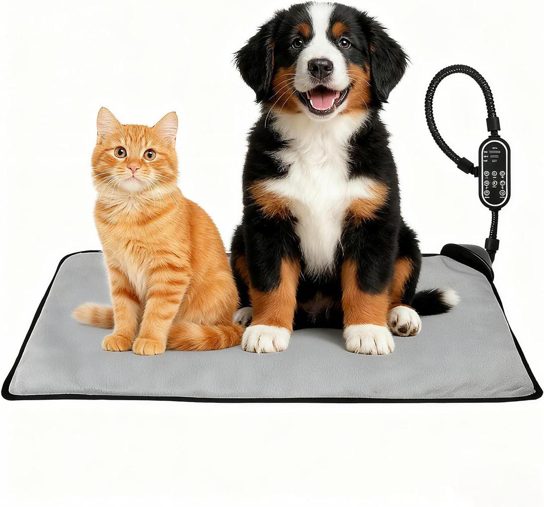 Pet Heating Pad for Cat, Electric Heated Mat with 3 Temperatures & 3 Timers, Automatic Induction Heated Cat Bed, Chew Resistant Cord (Light Grey, 27.6" x 15.7")