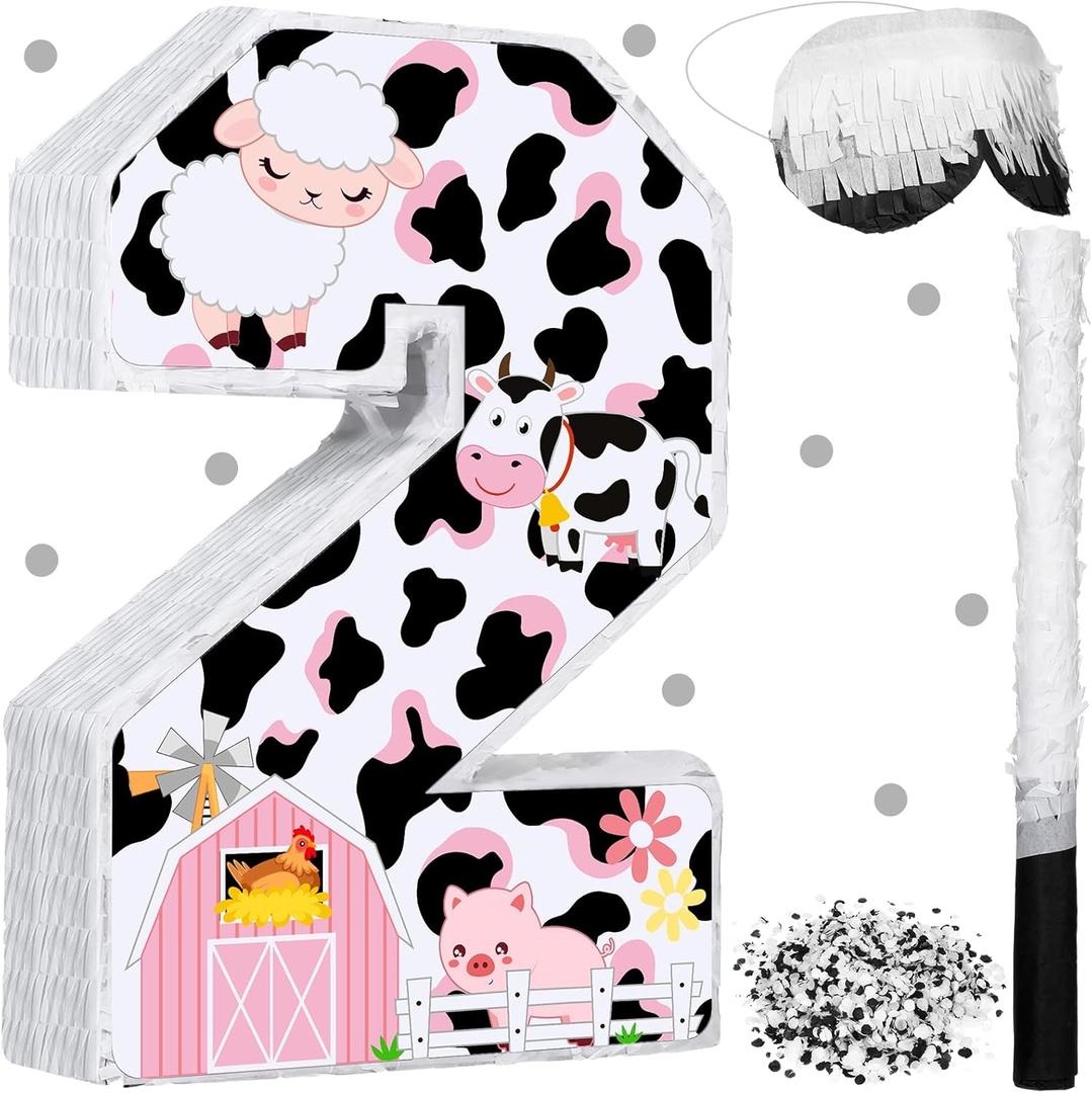 Jexine Cow Number 2 Piñata 16 Inch Pink Cow Farm 2nd Piñata Fiesta Birthday Party Supplies with Stick Blindfold and Confetti for Baby Shower Birthday Decoration