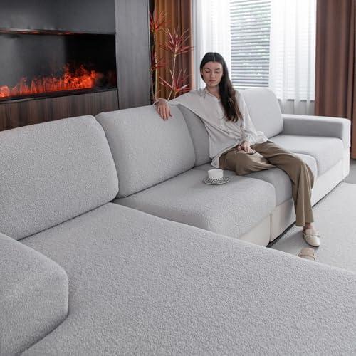 OHSIO Couch Cushion Covers for Sectional Sofa, Stretch Soft Sofa Slipcovers Washable Wear-Resistant Universal Furniture Protector for Living Room(3 Seaters Covers+1 Chaise Cover, Light Gray)