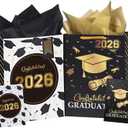 WRAPAHOLIC 16.5" Extra Large 2026 Graduation Gift Bag with Card and Tissue Paper - 2 Pack Black Gold Class of 2026 Paper Bag for Graduation Party