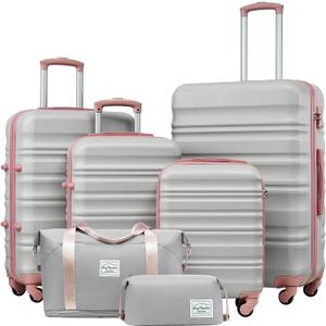 LONG VACATION 6 Piece Luggage Set Carry on Suitcase with ABS+PC hardshell, Spinner Wheels & YKK Zipper TSA Lock (GREY-PINK, 6 piece set)