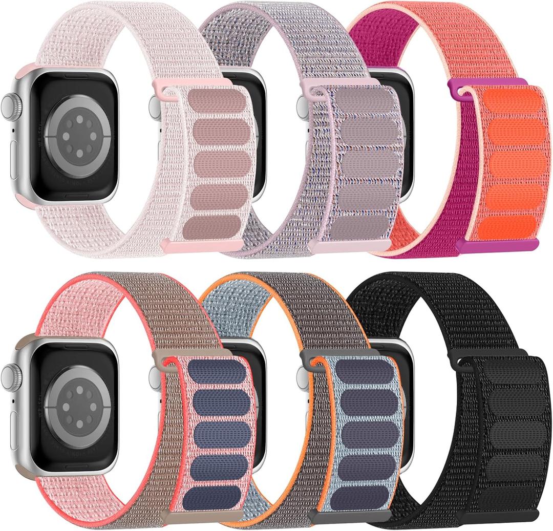 6 Pack Sport Nylon Loop Band Compatible with Apple Watch Bands 38mm 40mm 41mm 42mm  for Women Men, Adjustable Breathable Braided Straps for iWatch Series 10/9/8/7/6/5/4/3/SE/Ultra (Pink Sand/Black/Pearl Pink/Pomegranat/Neon Pink/Fresh Orange)