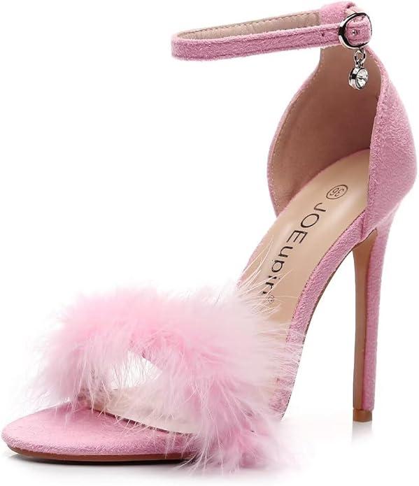 Women's Fluffy Marabou Feather High Heels Strappy Heeled Sandals with Fur, Size 43