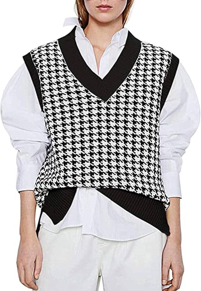 New Women's Houndstooth Knitted V-Neck Sleeveless Pullover Sweater
M