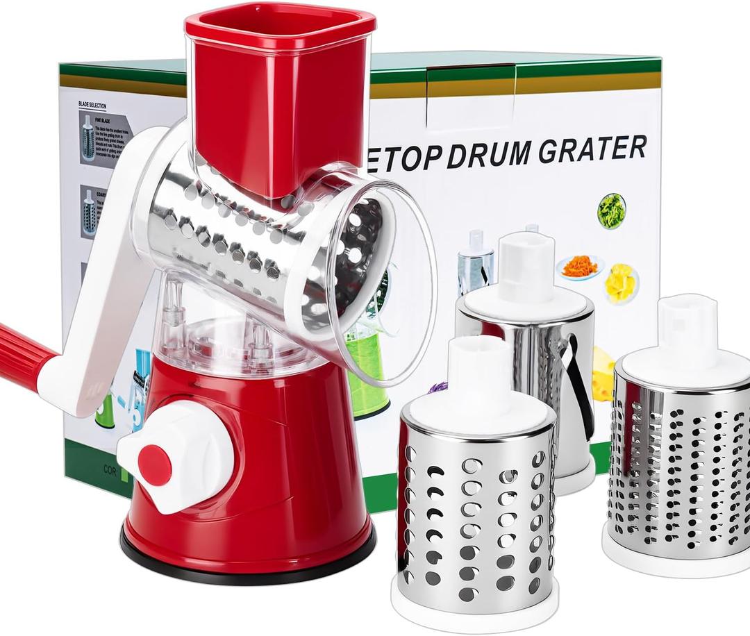 Rotary Cheese Grater Hand Crank Cheese Shredder with 3 Stainless Steel Blades, Rotary Grater, for Fresh Cheese, Vegetable, Nuts, Non-slip Suction Base, Red