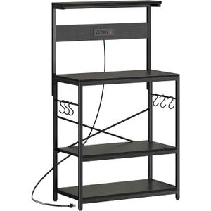 SUPERJARE Bakers Rack with Power Outlets, Microwave Stand, 31.5 X 16.5 Inch Larger Desktop, Kitchen Storage Rack with Adjustable Middle Shelf, 6 S-Shaped Hooks, Coffee Bar Stand, Black