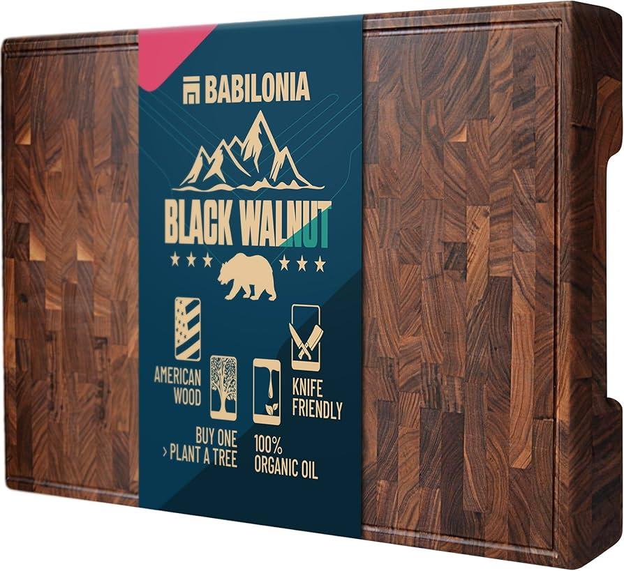 American Black-Walnut Cutting Board (ExtraThick 1,7"), Premium Quality & Professional Butcher Block. Heavy duty end-grain wood chopping board (Oil bottle & Plate included)