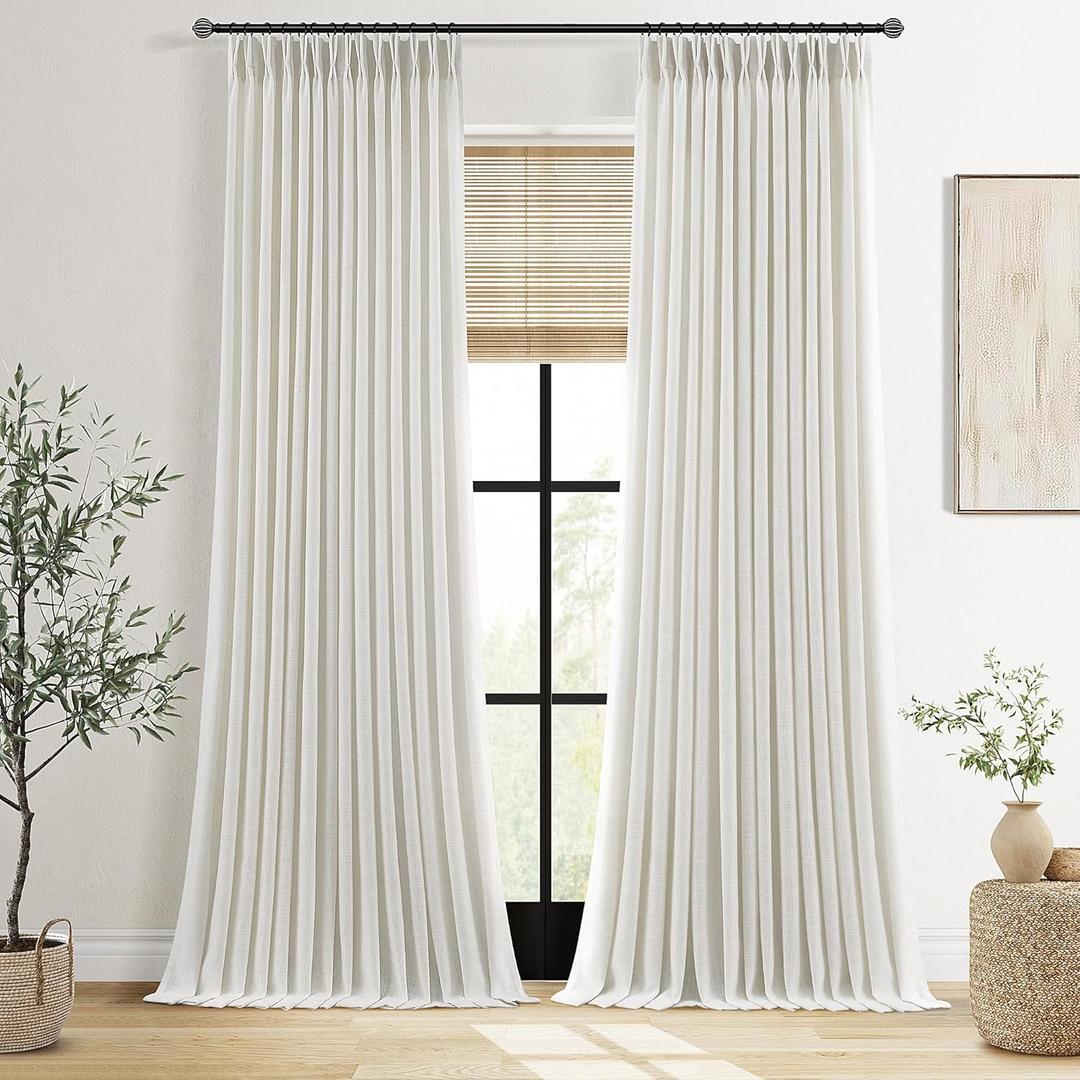 96 Inch Long Pinch Pleated Linen Curtains 2 Panels for Living Room Bedroom Natural Thick Linen Drapes 96 Inches Semi Sheer Pinch Pleat Sliding Door Curtains Ivory Cream Neutral Boho Window Treatments