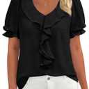 PRETTYGARDEN Women's Summer Dressy Casual Blouses 2026 Short Sleeve V Neck Ruffle Business Work Tops Trendy Spring Outfits (Black, M)