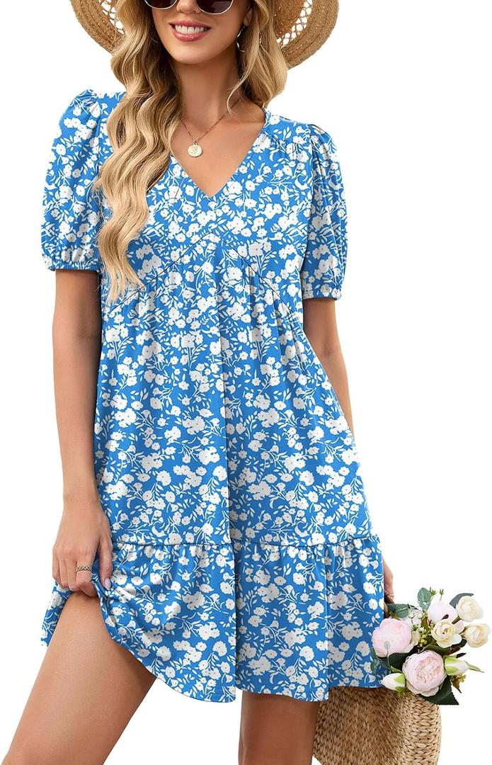 Naggoo Womens Summer Dresses Casual Beach V Neck Short Puff Sleeve Empire Wasit Ruffle Swing Mini Dress with Pockets (M)