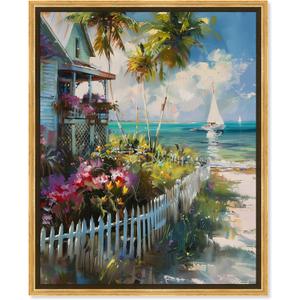 Local Beach House Framed Colorful Coastal 1 Piece Canvas Wall Art, 17.5" x 21.5", Gold Frame (21.5L" x 17.5W")