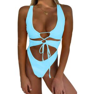 CHYRII Women's Sexy Cutout Lace Up Backless High Cut One Piece Swimsuit Monokini (Medium, Baby Blue)
