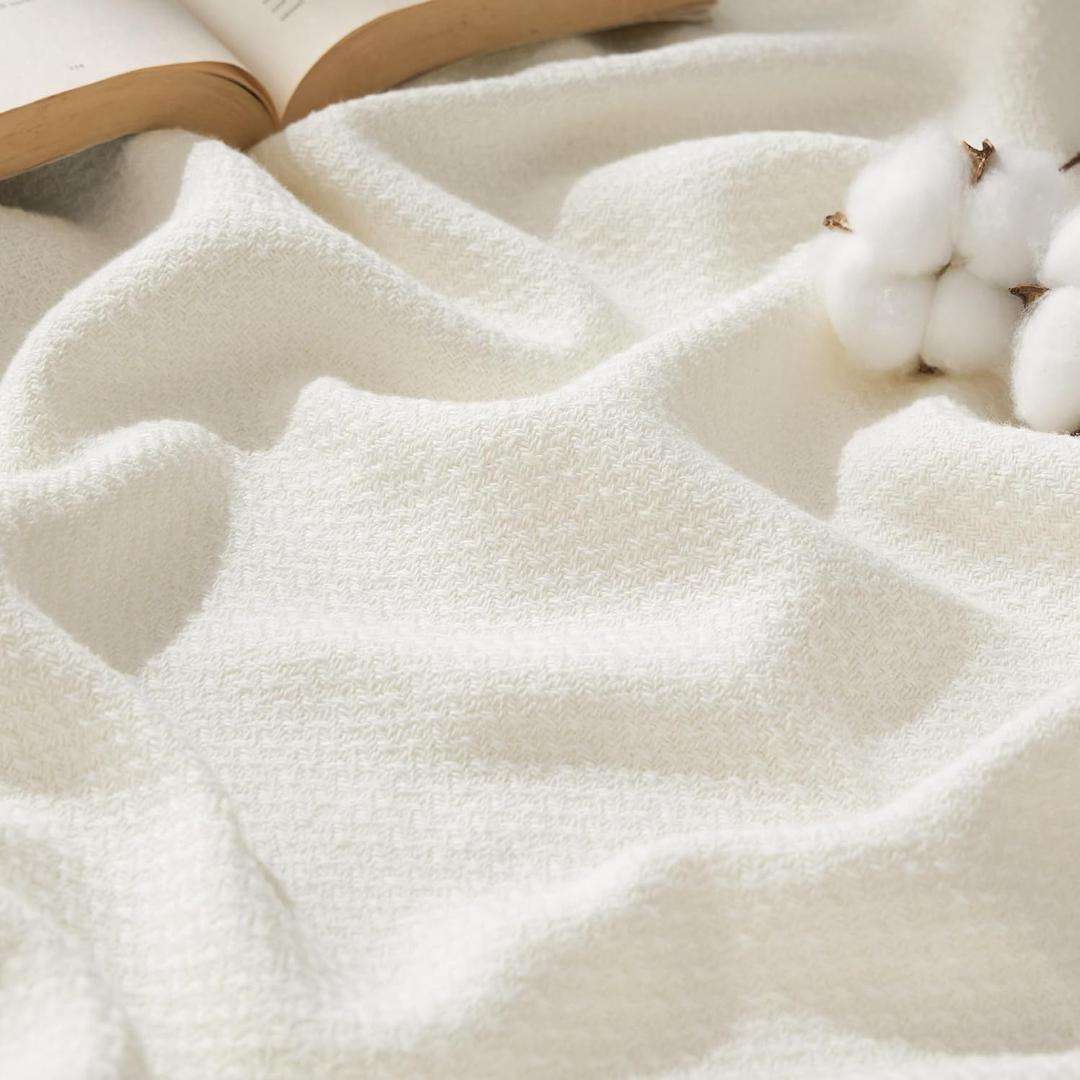 Bedsure GentleSoft 100% Cotton Blanket Queen Size for Bed - Breathable and Lightweight, Soft Cozy Textured Herringbone Woven Blanket for Summer, Cream, 90x90 inches