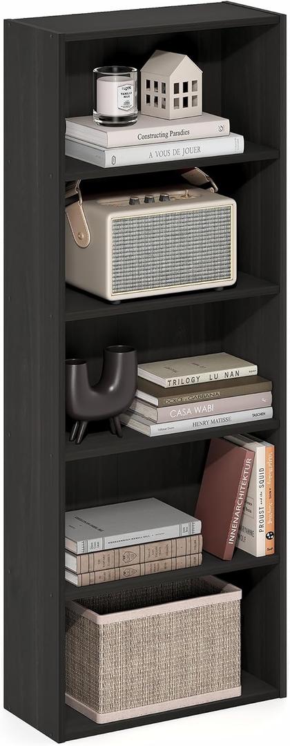Furinno Basic Book Shelf, 5-Tier Bookshelf, Storage Organizer Bookcase with Open Shelf, 7 x 17 x 44, for Living Room, Bedroom, Home Office, Espresso