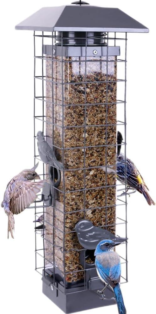 Squirrel Proof Bird Feeders for Outdoors, Metal Wild Bird Feeder for Outside Hanging, 4 Ports Perches, 3LB Large Capacity(Gray)