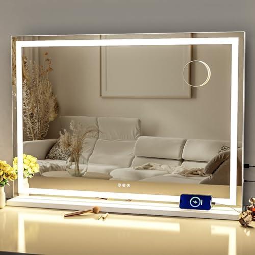 Gvnkvn Makeup Vanity Mirror with Lights 32" x 24" Large LED Makeup Mirror, Light up Mirror with 10X Magnification and USB Charging Port, Dimmable 3 Modes, Touch Screen Control Square Corner