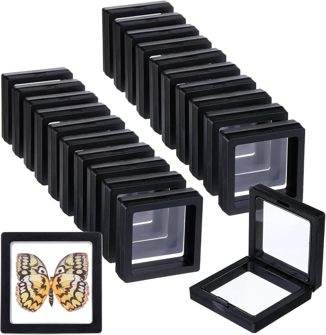 Prasacco 60 Pcs Floating Display Case,Coin Frame Displays Holder Stands Black 3D Floating Display Case for Challenge Coin Rock Pin Shells Specimen Jewelry(2.752.750.8 Inches)