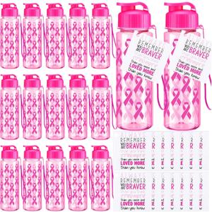 15 Pcs Breast Cancer Awareness Gift Plastic Cup with Pink Ribbon 17oz Sport Water Bottle with Inspirational Cards Pink Ribbon Cups for Women Breast Cancer Survival Gifts Supplies(Cute Color)