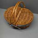Wicker Picnic Basket with Handle, 15" Large Picnic Basket with Lid & Removable Liner, Vintage Hand Woven Basket with Blanket for Picnics, Camping, Thanksgiving, and Birthday (3-person, Grey-white Stripes)