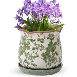 Ceramic-Planters-for-Indoor-Plants with Saucer, 6 inch Vintage Ice Crack Glaze Plant Pots with Drainage Holes, Decorative Flower Pots for Outdoor Garden Home Decor, Tuscan Pot for Plant