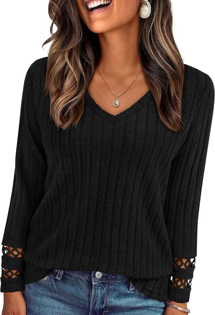 PRETTYGARDEN Women's Long Sleeve Shirts Ribbed Knit V Neck Tee Dressy Casual Blouses Going Out Tunic Tops 2026 Fall Outfits (Black, L)