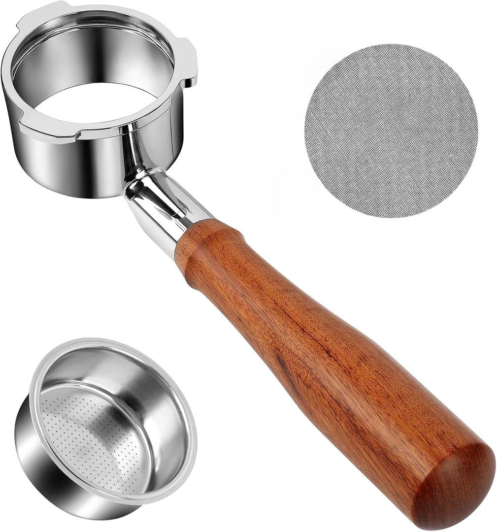 51mm Bottomless Portafilter for CM5418, 3 Ears Portafilter with 51mm Puck Screen Compatible for CASABREWS Espresso Machine CM5418, 3700Essential and 5418Pro, Stainless Steel Filter Holder and Filter (Silver&Wood)