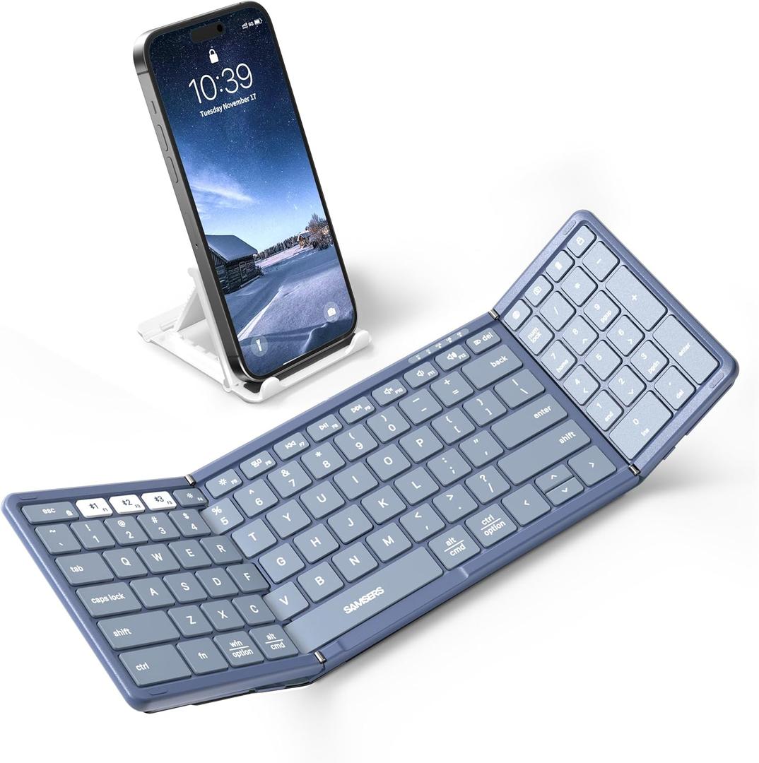 Samsers Foldable Bluetooth Keyboard with Numeric Keypad, Full-Size Wireless Folding PU Leather, Portable Travel for iOS Android Windows Mac OS, Support 3 Device (BT5.1 x 3) Blue