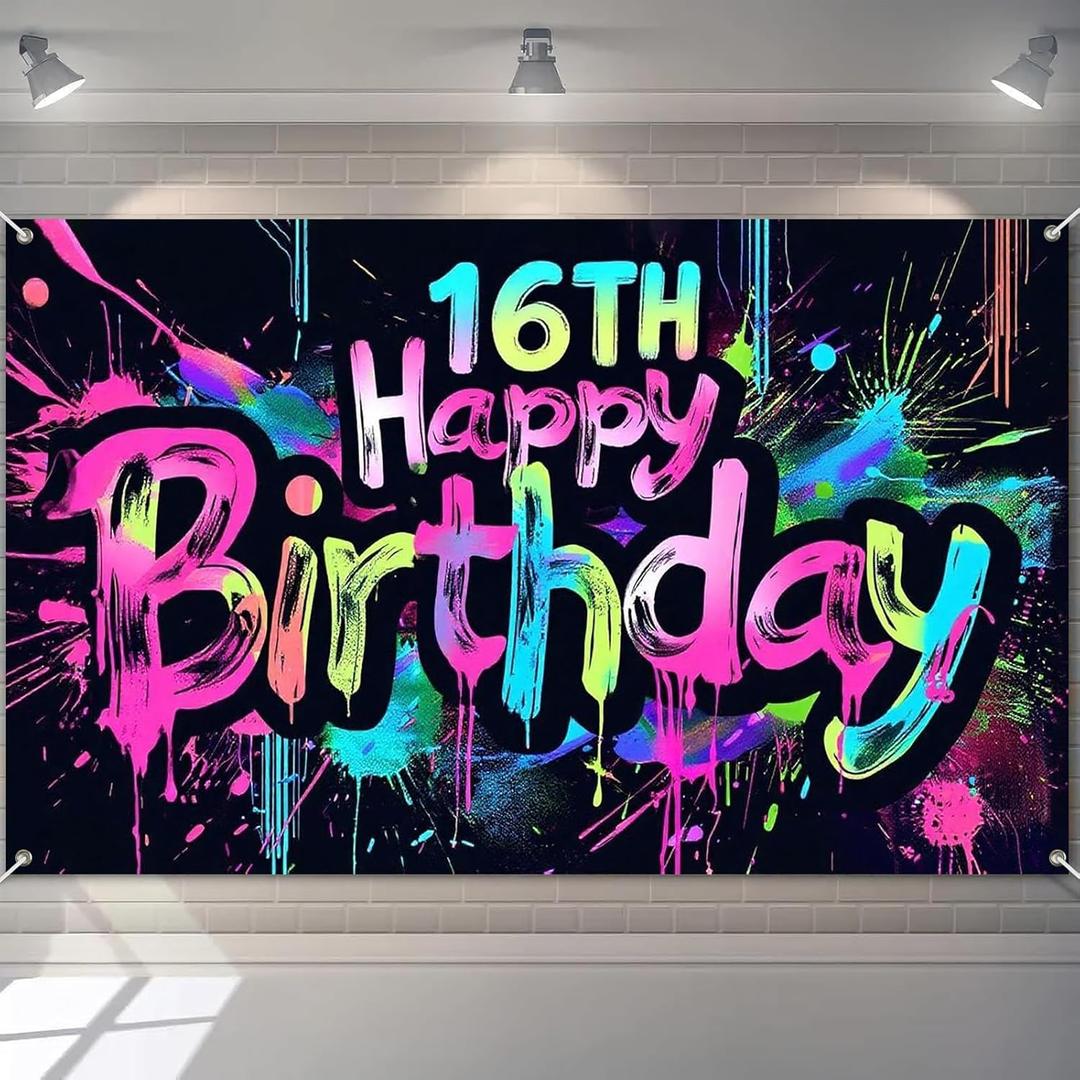 Glow in The Dark 16th Birthday Banner 71x43 Inch Colorful Paint Splatter Backdrop for Teen Boys Girls Fourteenth Party Decorations Neon Wall Decor Celebration Photo Booth Props Supplies