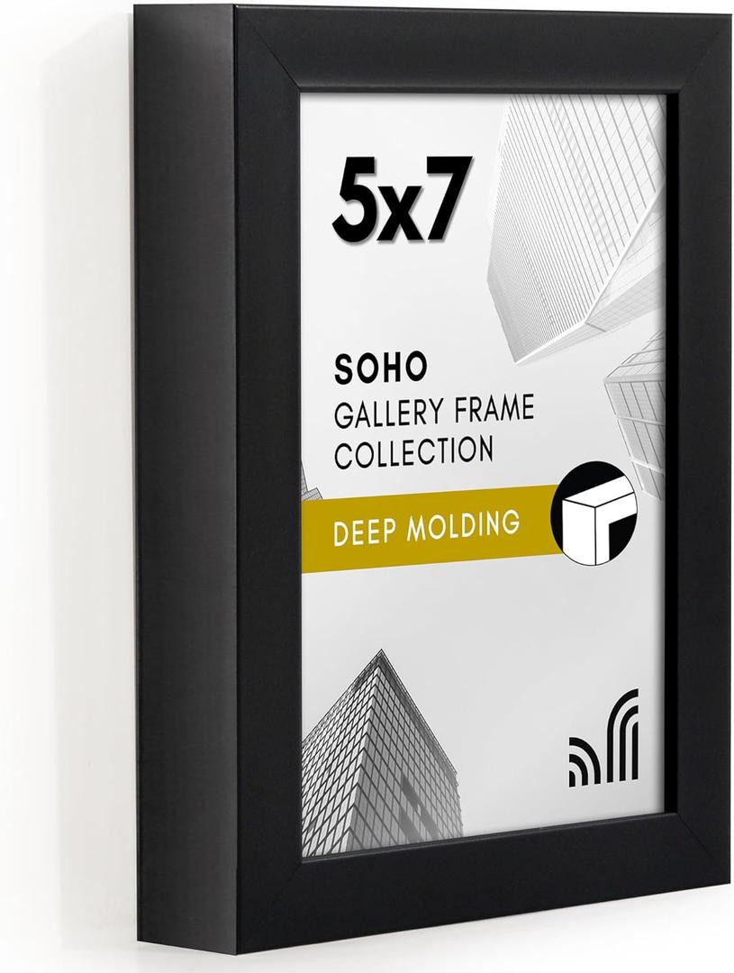 Americanflat 5x7 Picture Frame with Shatter-Resistant Glass - Soho Collection - Gallery Style Deep Molding Picture Frames for Tabletop and Wall Display - Black
