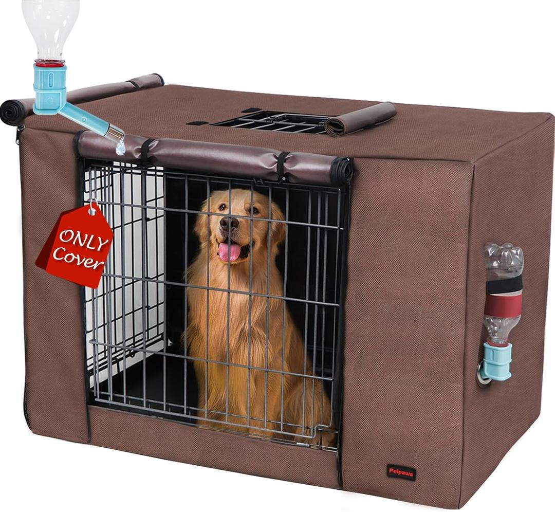Dog Crate Cover 36 Inch - Three Doors Waterproof Dog Kennel Cover, 600D Oxford Fabric Cage Covers with a Water Bottle Nozzle, Allowing Dogs to Drink Water at Any Time. Brown (Cover Only)