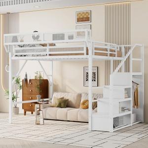 KEIKI Queen Size Metal Loft Bed Frame with Convertible Staircase, Built-in Storage Shelves and Wardrobe, Loft Bed with Solid Slats, Guardrail, No Box Spring Required, Easy Assembly, for Bedroom, White