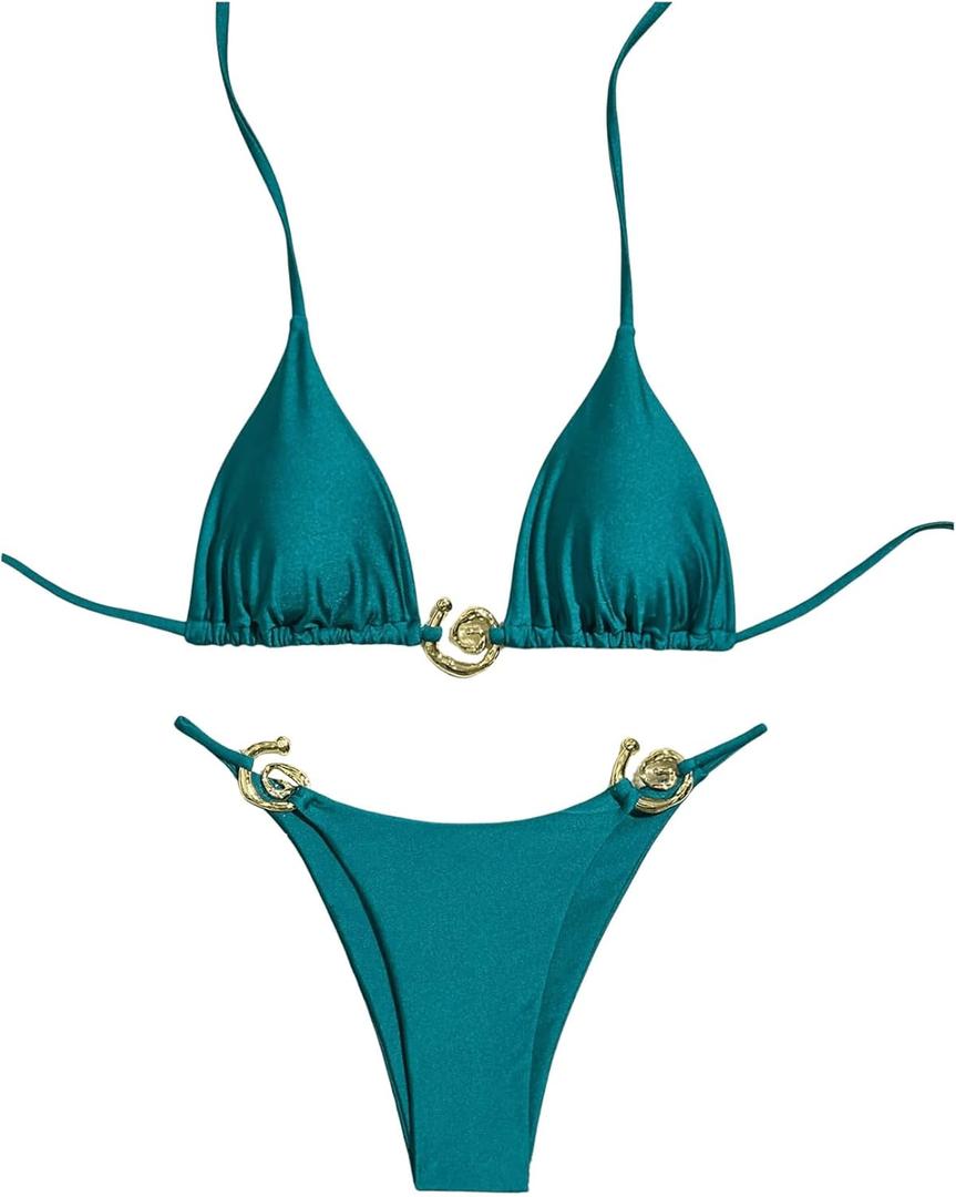 Milumia Women's 2 Piece Halter Tie Back Cheeky Swimsuit Metal Decor Triangle Thong Bikini Set (Small, Teal Blue)