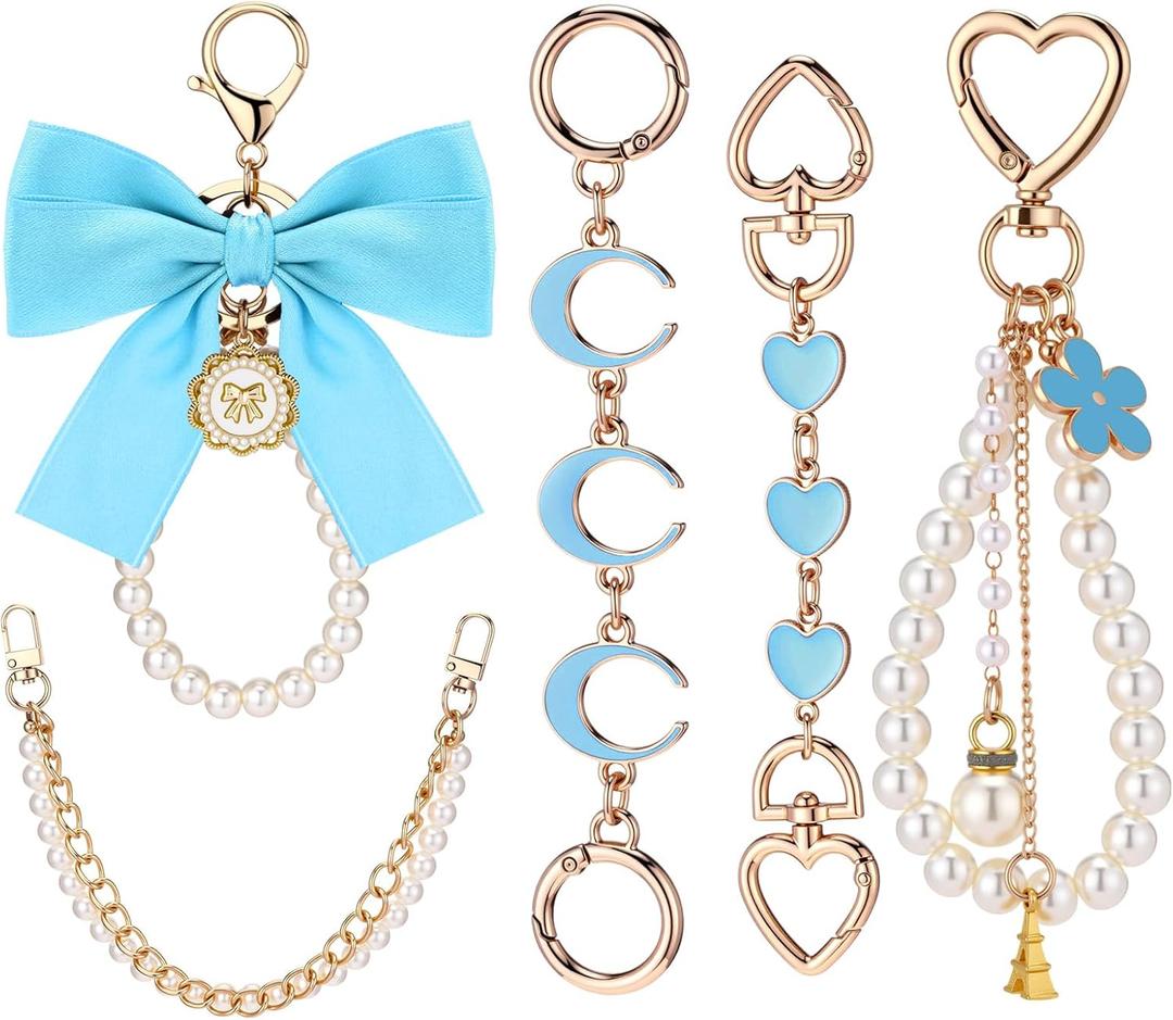 Sureio 5 Pcs Bag Extender Chain Pearl Purse Chain Ribbon Bow Keychain Extender Bag Strap Purse Charms Accessories for Handbag