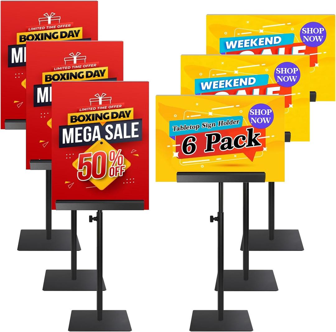 Sign Holders for Table Top - Adjustable Double-Sided Poster Stand for Display Vertical Horizontal View, Portable Tabletop Sign Holder Stand for Retail Restaurants Trade Shows, 6 Pack (4.7" Base - 6 Pack)