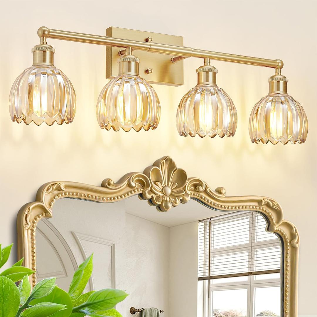 Bathroom Light Fixtures Over Mirror, 27.2 in Vintage Bathroom Light Fixture 4 Light,Antique Brass Wall Sconce with Amber Tulip Glass Shade for Bedroom Living Room,Foyer,Hallway, E26 Base