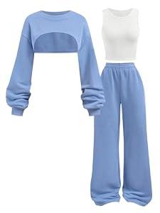 RoseSeek Girl's 3 Piece Fall Outfits Bow Graphic Cropped Sweatshirts and Baggy Sweatpants Set with Camisole Blue 11Y