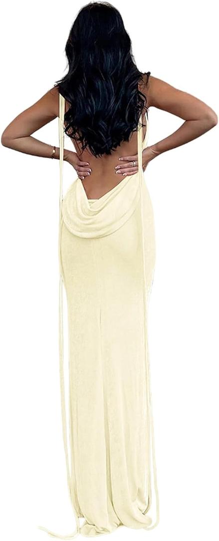Womens Summer Backless Bodycon Dress Halter Cowl Neck Slip Spaghetti Strap Sexy Cocktail Party Maxi Dresses (Apricot) XS