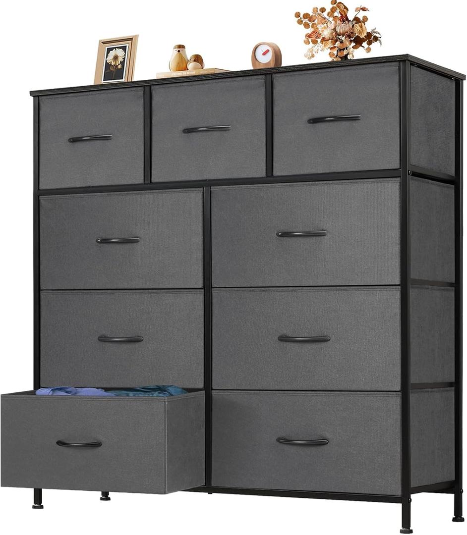 OLIXIS 9 Drawer Storage Dresser with Wood Top - Wide Fabric Chest Organizer for Bedroom, Closet, Living Room,Tower Cabinet, TV Stand, Hallway Entryway Furniture,Heather Gray (Grey)