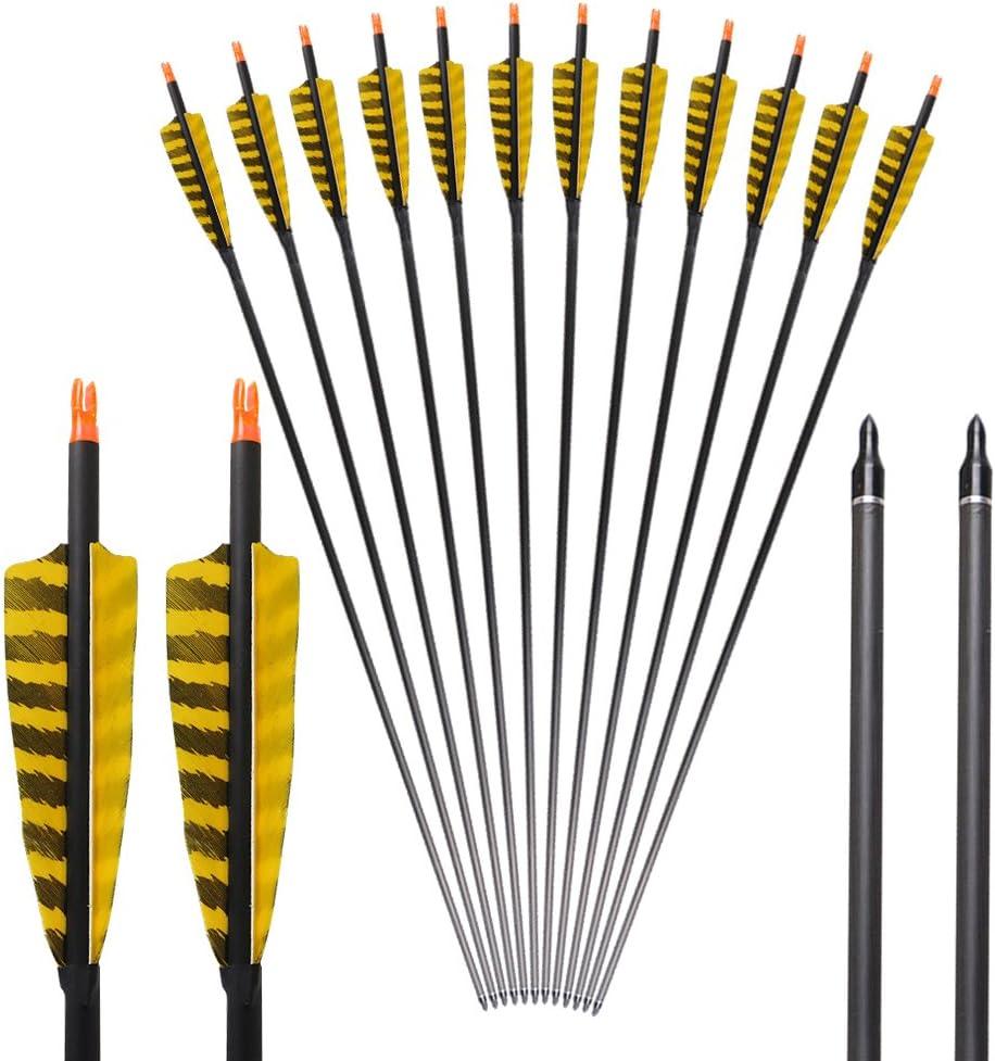 TOPARCHERY 32 Inch Carbon Archery Arrows Spine 400 with Removable Tips, 4inch Turkey Feather, Hunting and Target Practice Arrows for Compound Bow and Recurve Bow, 6 Pack (Yellow and Black)