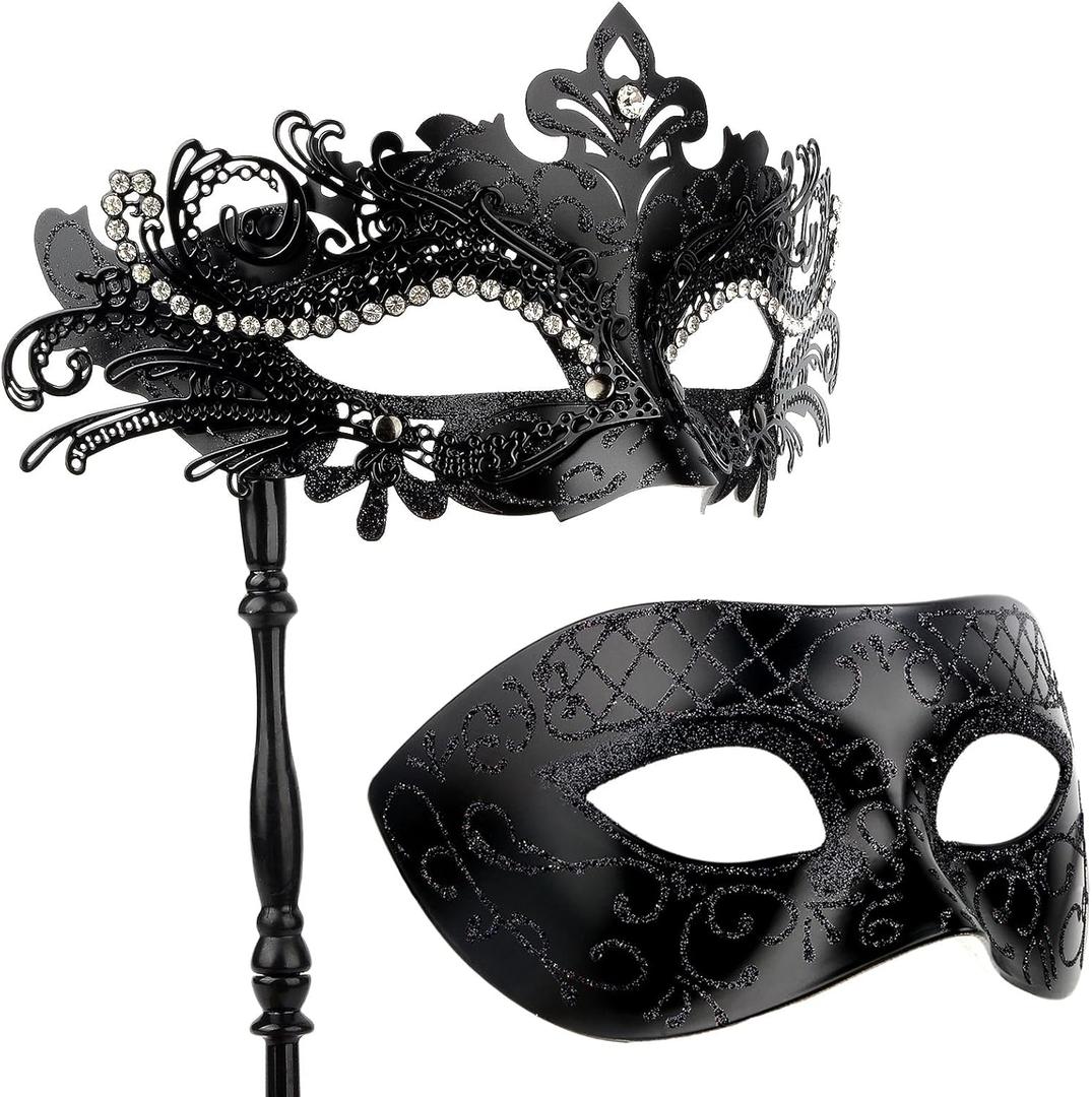 Hoshin Masquerade Mask for Couple, Mardi Gras Deecorations Venetian Masks with Stick for Womens (Black)