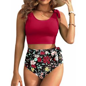Two Piece High Waisted Swimsuits - Women Tummy Control Bikini Modest Bathing Suit 2PC 2025 (Large, Red and Floral)
