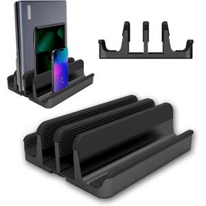 Elestoria 4- Slot Vertical Laptop Stand - Aluminum Laptop Stand Vertical for Desk - Fits MacBook Pro/Air, Surface, Mobiles & Gaming Laptops up to 17.3" - Heavy Duty Laptop Holder for Desk - Black