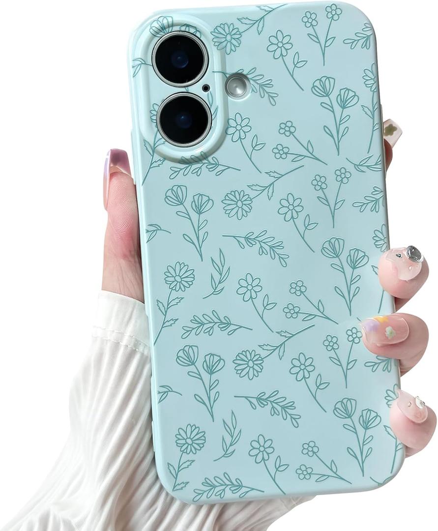 NITITOP for iPhone 16 Case Cute Flower Floral Leaves - Blue | Aesthetic, Flower branch, For girls women, Slim fit, Soft TPU, Shockproof, Protective, Waterproof